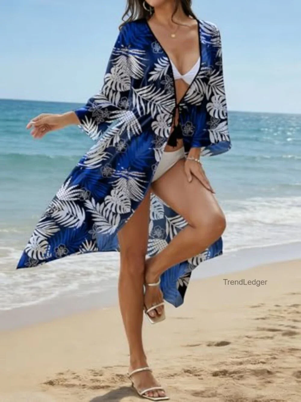 Tropical Swim Cover Up Cardigan 3/4 Sleeve Drawstring Waist One Size
